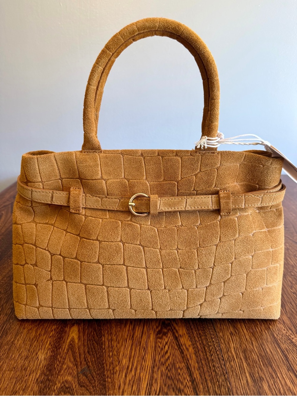 Exquisite Camel Suede Satchel With Croc Tile Pattern and Belt Accent